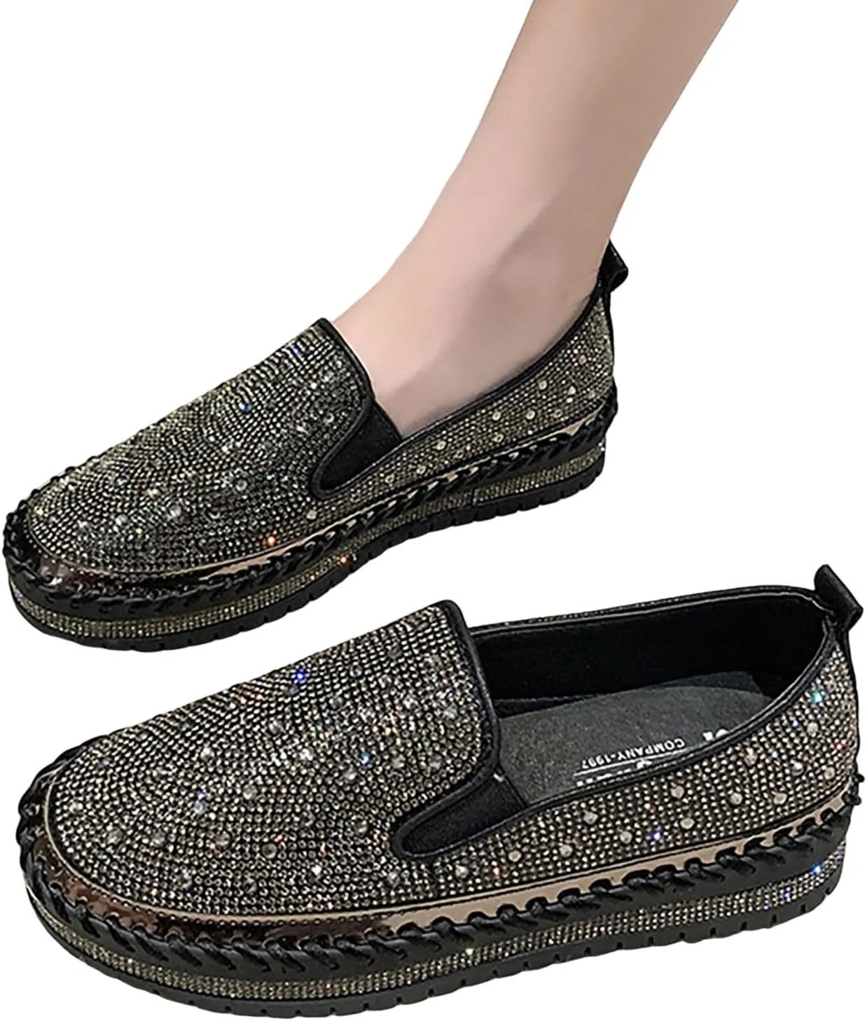 Women's Rhinestone Loafers Soft Thick Bottom Sparkly Banquet Shoes Cushioned Slip-On Ballet Flat High Top Skate Shoe