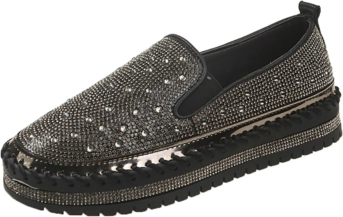 Women's Rhinestone Loafers Soft Thick Bottom Sparkly Banquet Shoes Cushioned Slip-On Ballet Flat High Top Skate Shoe