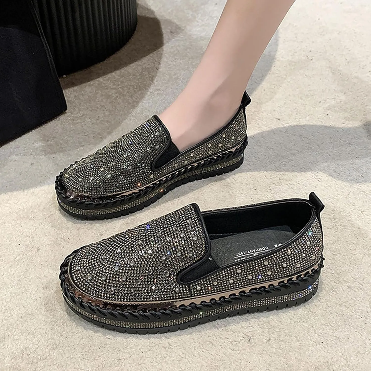 Women's Rhinestone Loafers Soft Thick Bottom Sparkly Banquet Shoes Cushioned Slip-On Ballet Flat High Top Skate Shoe