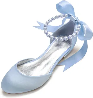 Women's Round Toe Wedding Flats Shoes for Bride Ankle Strap Pearl Formal Prom Party Dress Pumps