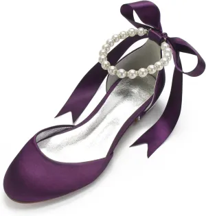 Women's Round Toe Wedding Flats Shoes for Bride Ankle Strap Pearl Formal Prom Party Dress Pumps