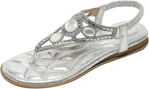 Womens Sandals Dressy Casual Summer Flats Sandal Comfort Bohemian Flip Flops Elastic Ankle Strap Walking Beach Shoes