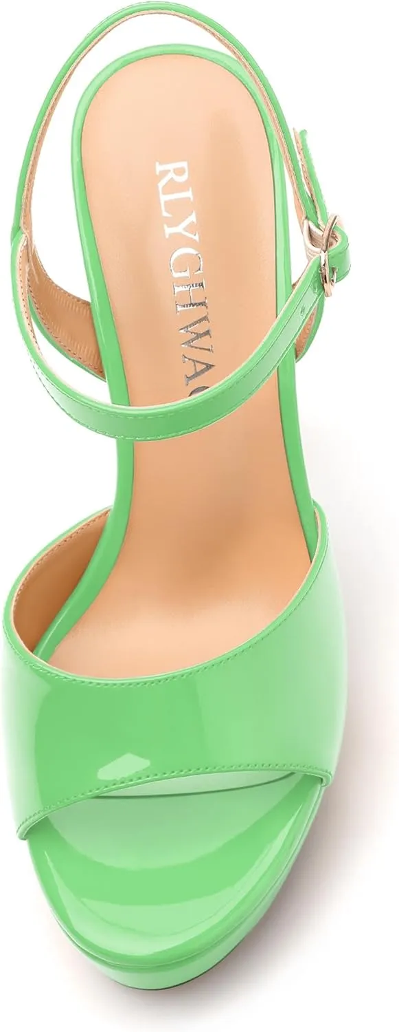 Womens Sandals, Round Open Toe Platform Sandals, Adjustable Ankle Strap Buckle High Heels, Fashion Solid Patent Sandals