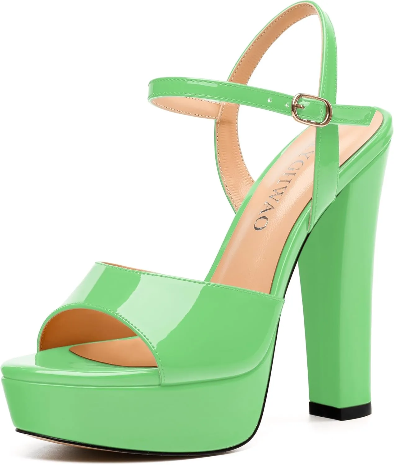 Womens Sandals, Round Open Toe Platform Sandals, Adjustable Ankle Strap Buckle High Heels, Fashion Solid Patent Sandals