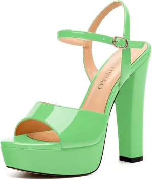 Womens Sandals, Round Open Toe Platform Sandals, Adjustable Ankle Strap Buckle High Heels, Fashion Solid Patent Sandals
