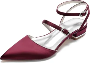 Women's Satin Closed Toe Low Block Heels Bridal Shoes Slingback Buckle Pointed Toe Wedding Party Dress Shoes