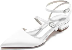 Women's Satin Closed Toe Low Block Heels Bridal Shoes Slingback Buckle Pointed Toe Wedding Party Dress Shoes
