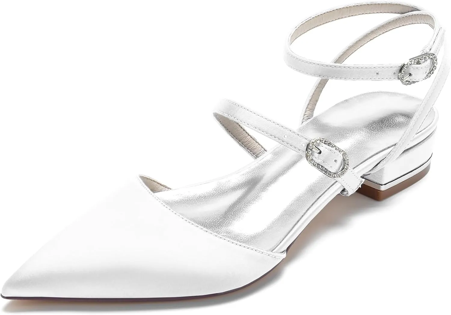 Women's Satin Closed Toe Low Block Heels Bridal Shoes Slingback Buckle Pointed Toe Wedding Party Dress Shoes