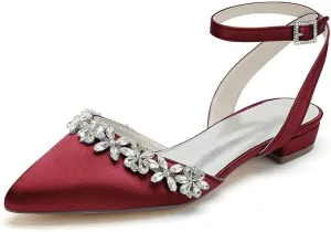 Women's Satin Wedding Flats for Bride Bridal Shoes Low Heel Closed Pointy Toe Pumps Ankle Strap Sandals