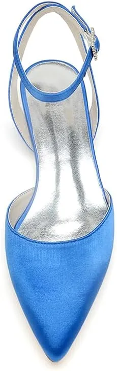 Women's Satin Wedding Flats for Bride Bridal Shoes Low Heel Closed Pointy Toe Pumps Ankle Strap Sandals