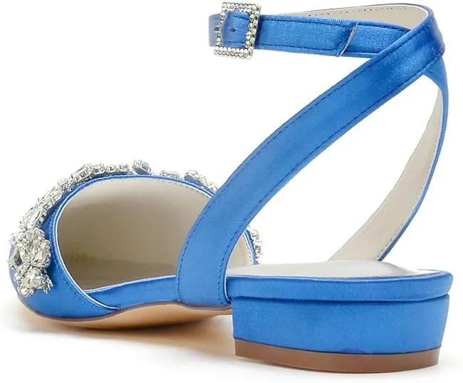 Women's Satin Wedding Flats for Bride Bridal Shoes Low Heel Closed Pointy Toe Pumps Ankle Strap Sandals