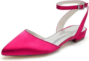 Women's Satin Wedding Flats for Bride Bridal Shoes Low Heel Closed Pointy Toe Pumps Ankle Strap Sandals