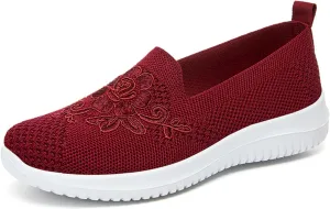 Women's Slip-On Knit Mesh Loafers Lightweight and Comfortable Breathable Mesh Walking Shoe Casual Embroidered Flat Loafers