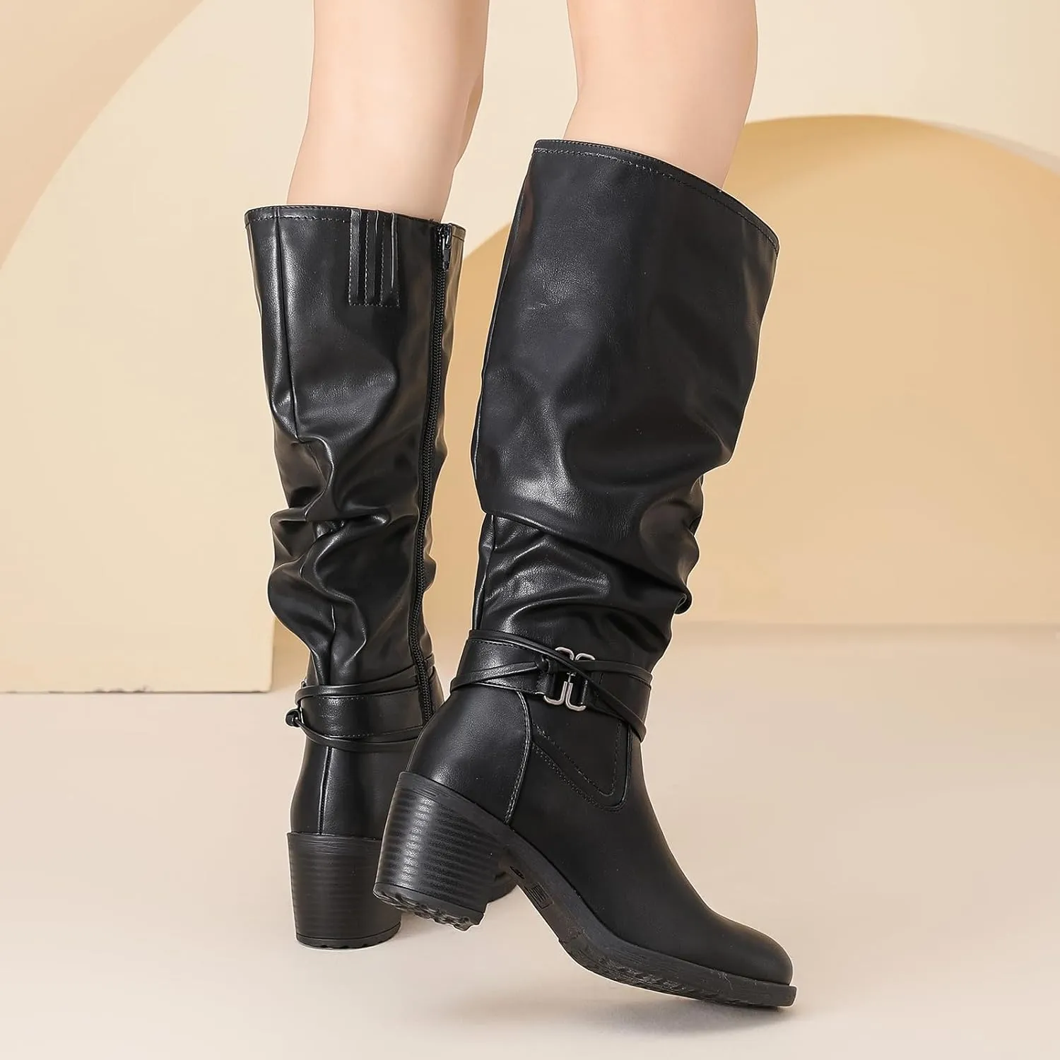 Women's Slouchy Knee High Boots Riding Combat Boots with Chunky Heel,Comfortable and Fashionable for Fall and Winter Wear for Women.