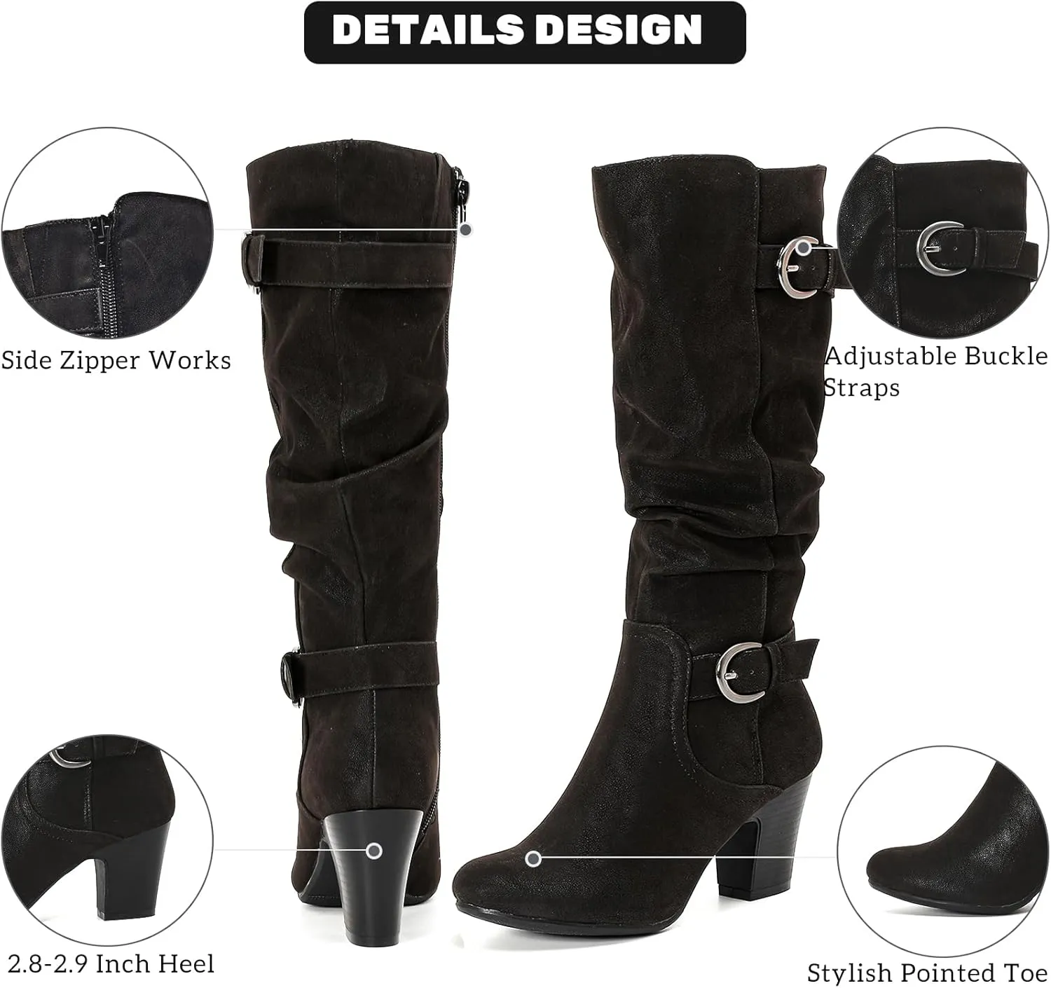 Women's Slouchy Knee High Boots with Chunky Heel, Pointed Toe, Comfortable and Fashionable for Fall and Winter Wear for Women.