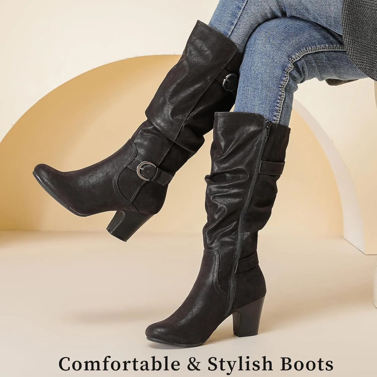 Women's Slouchy Knee High Boots with Chunky Heel, Pointed Toe, Comfortable and Fashionable for Fall and Winter Wear for Women.