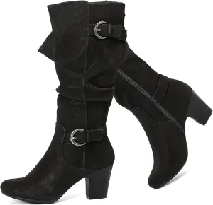 Women's Slouchy Knee High Boots with Chunky Heel, Pointed Toe, Comfortable and Fashionable for Fall and Winter Wear for Women.