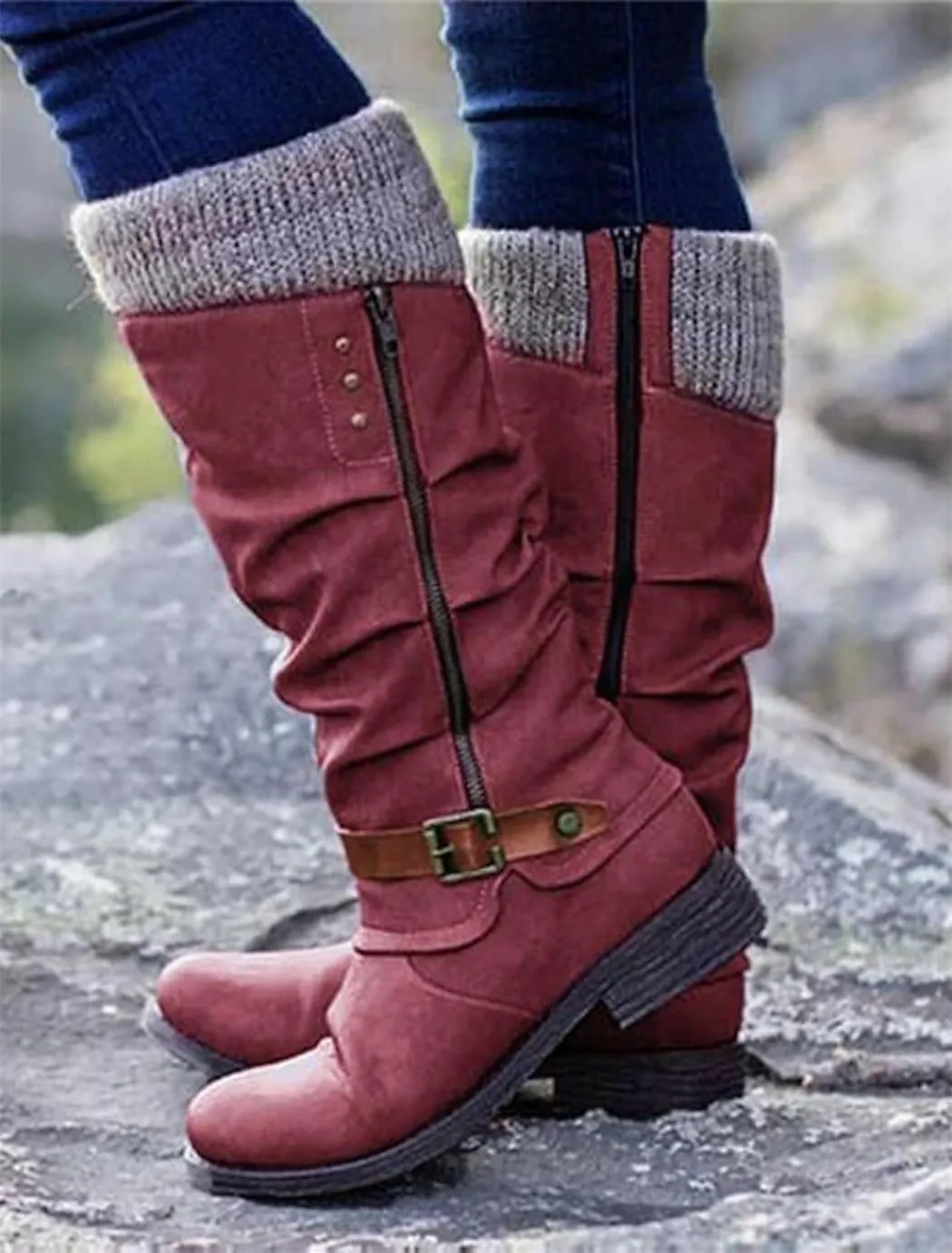 Women's Slouchy Knee-High Boots with Knit Cuffs and Buckle Detail, Women’s Leather Flat Heel Mid-Calf Zipper Boots