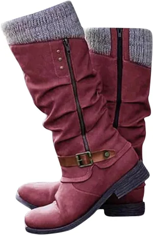 Women's Slouchy Knee-High Boots with Knit Cuffs and Buckle Detail, Women’s Leather Flat Heel Mid-Calf Zipper Boots
