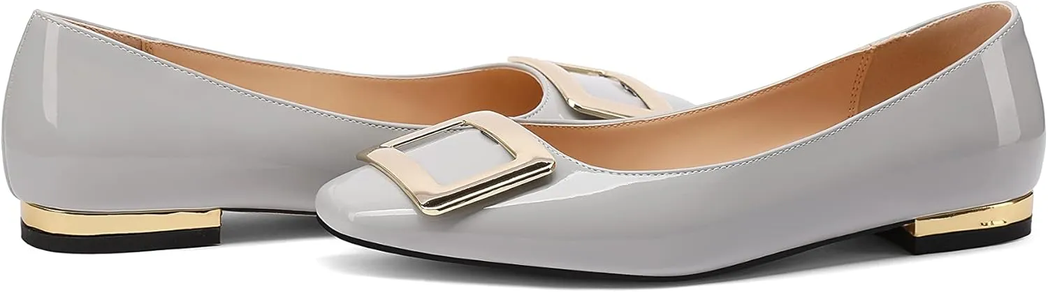 Women's Square Toe Gold Metal Buckle Pumps Patent Leather Slip On Flat Shoes