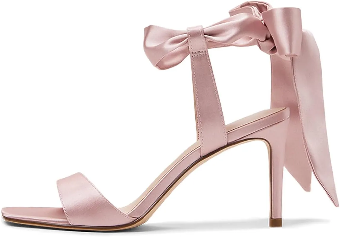 Women's Stiletto Sandals Pink Satin Bow Tie Square Toe Open Toe Sandals.