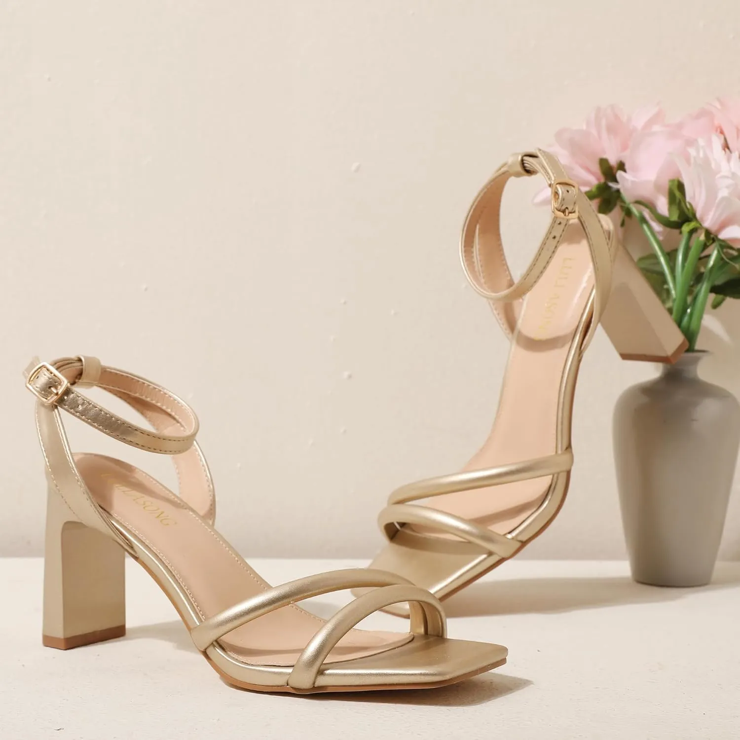 Womens Strappy Heeled Sandals Square Open Toe Chunky High Heels Strappy Ankle Buckle Pump Sandals Sexy Dress Party Shoes
