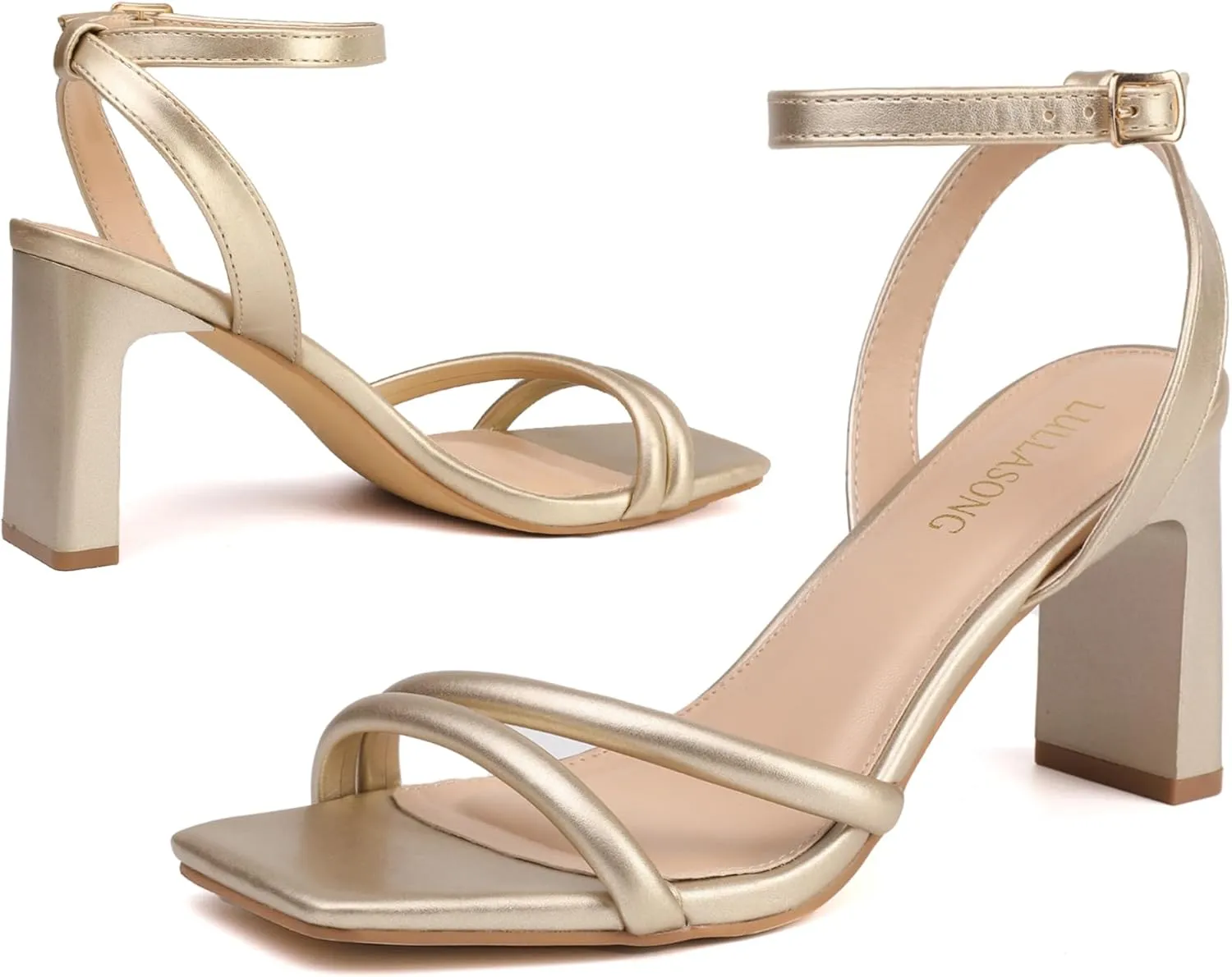 Womens Strappy Heeled Sandals Square Open Toe Chunky High Heels Strappy Ankle Buckle Pump Sandals Sexy Dress Party Shoes