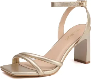 Womens Strappy Heeled Sandals Square Open Toe Chunky High Heels Strappy Ankle Buckle Pump Sandals Sexy Dress Party Shoes