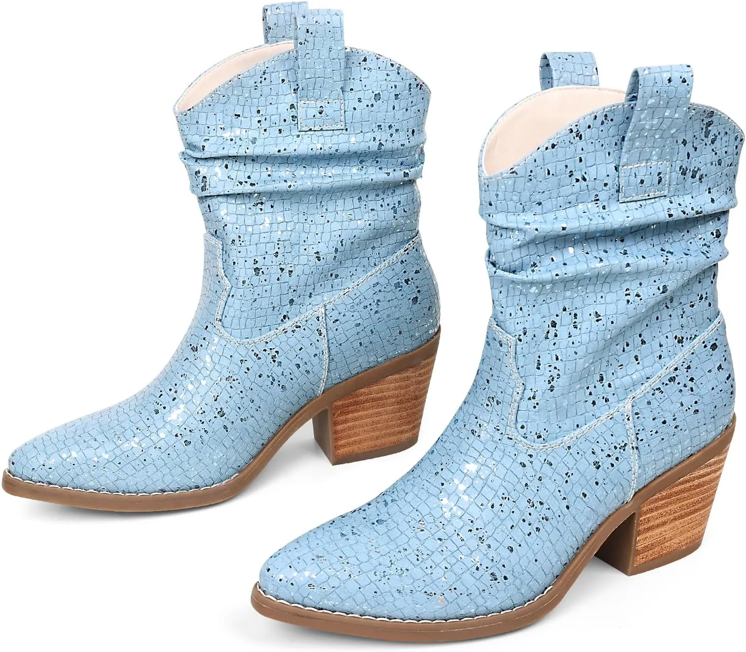 Womens Studded Cowboy Boots Fashion Vintage Sparkly Western Cowgirl Short Boots with Wide Calf Pointed Toe And Chunky Heel Design Ankle Boot
