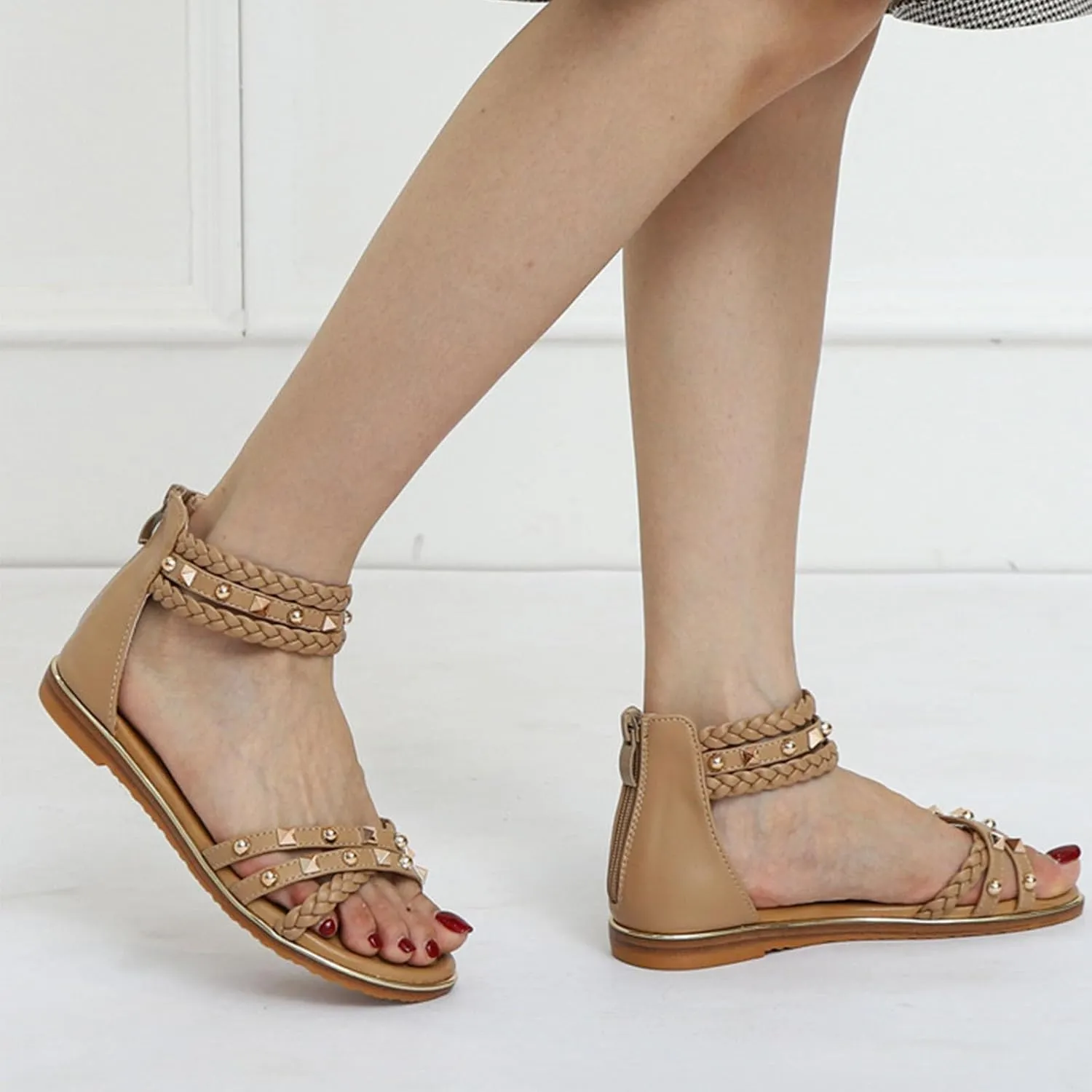 Women’s Studded Gladiator Sandals with Back Zipper Closure Braided Ankle Flat Strappy Sandals for Summer Beach