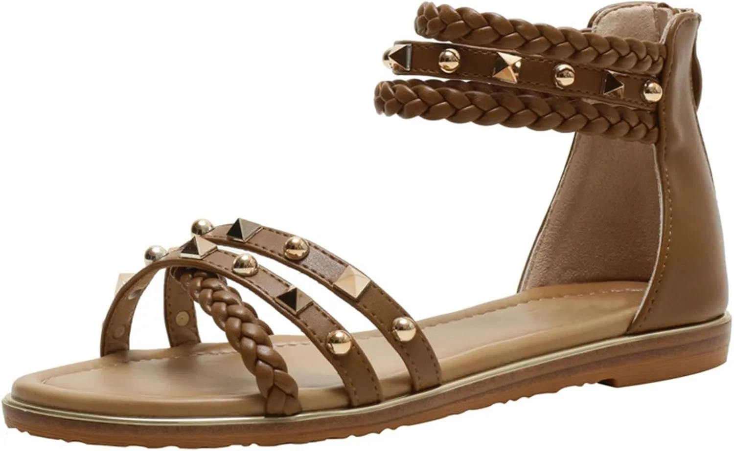 Women’s Studded Gladiator Sandals with Back Zipper Closure Braided Ankle Flat Strappy Sandals for Summer Beach