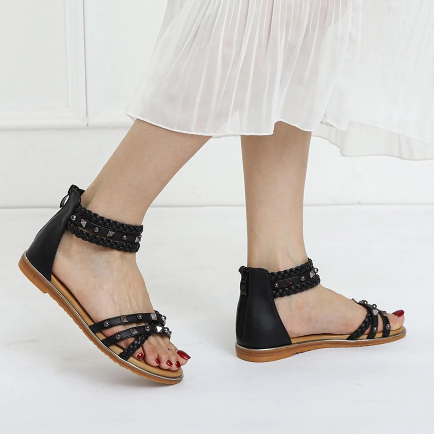 Women’s Studded Gladiator Sandals with Back Zipper Closure Braided Ankle Flat Strappy Sandals for Summer Beach