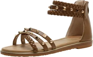 Women’s Studded Gladiator Sandals with Back Zipper Closure Braided Ankle Flat Strappy Sandals for Summer Beach