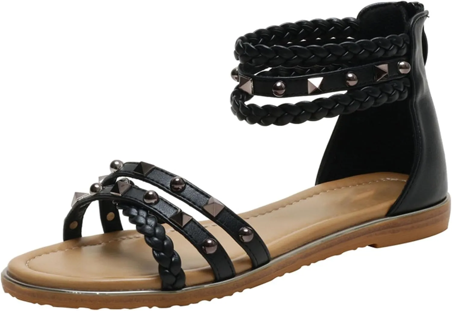 Women’s Studded Gladiator Sandals with Back Zipper Closure Braided Ankle Flat Strappy Sandals for Summer Beach