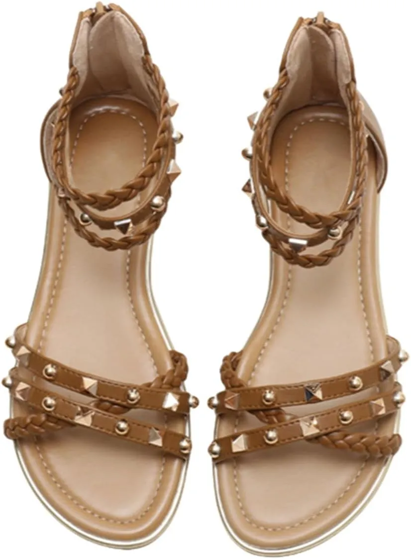 Women’s Studded Gladiator Sandals with Back Zipper Closure Braided Ankle Flat Strappy Sandals for Summer Beach