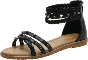 Women’s Studded Gladiator Sandals with Back Zipper Closure Braided Ankle Flat Strappy Sandals for Summer Beach