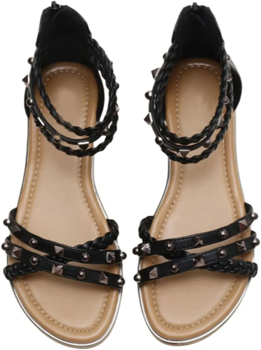 Women’s Studded Gladiator Sandals with Back Zipper Closure Braided Ankle Flat Strappy Sandals for Summer Beach