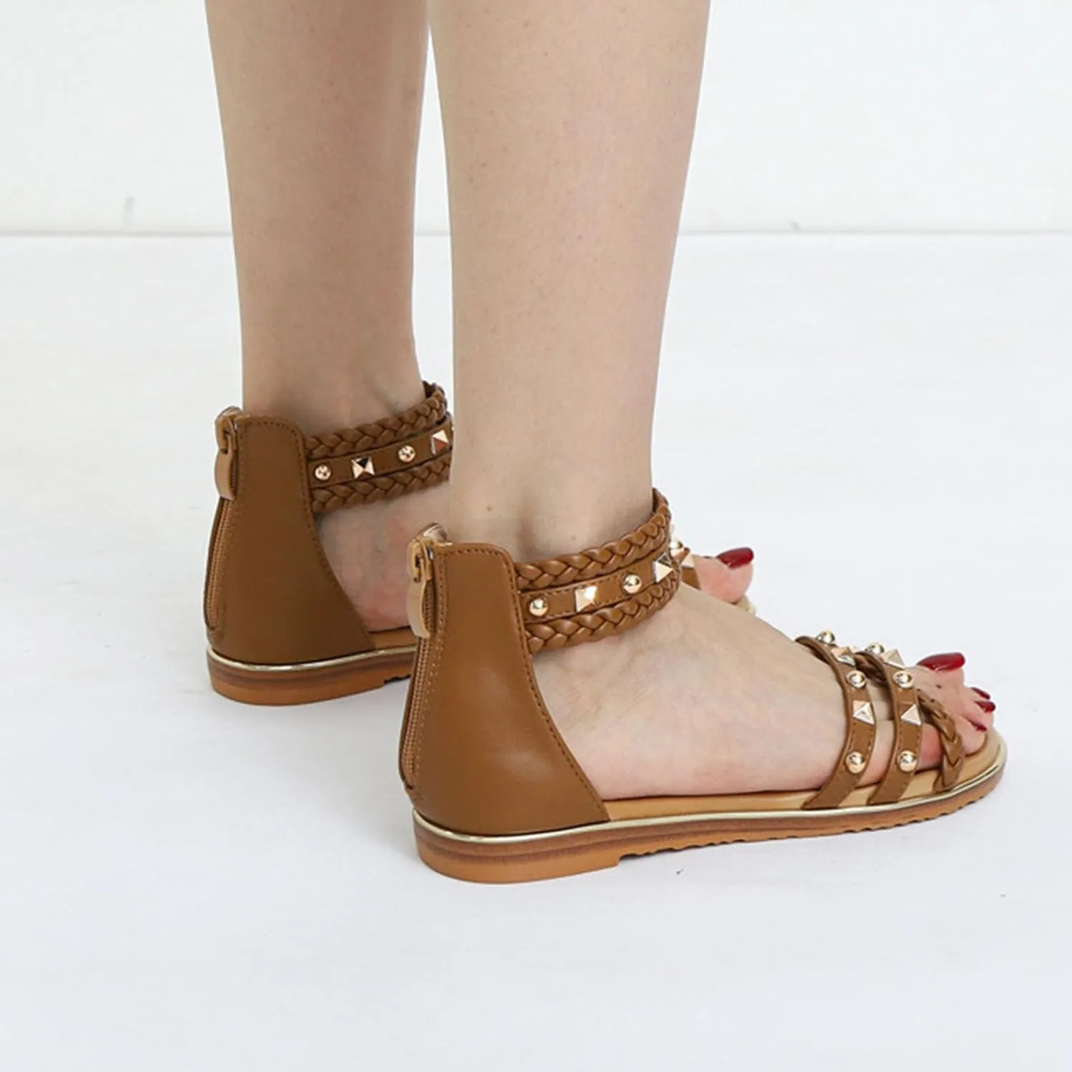 Women’s Studded Gladiator Sandals with Back Zipper Closure Braided Ankle Flat Strappy Sandals for Summer Beach