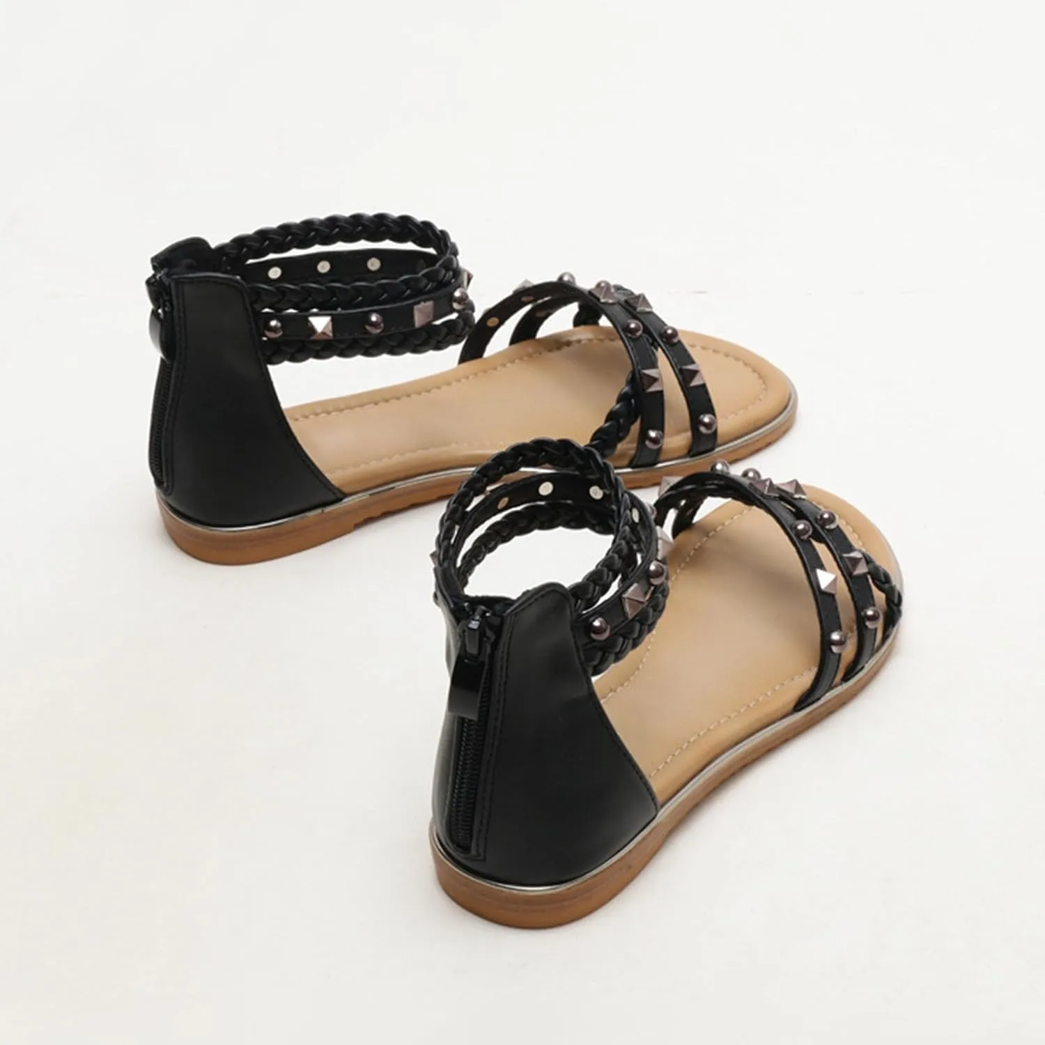 Women’s Studded Gladiator Sandals with Back Zipper Closure Braided Ankle Flat Strappy Sandals for Summer Beach