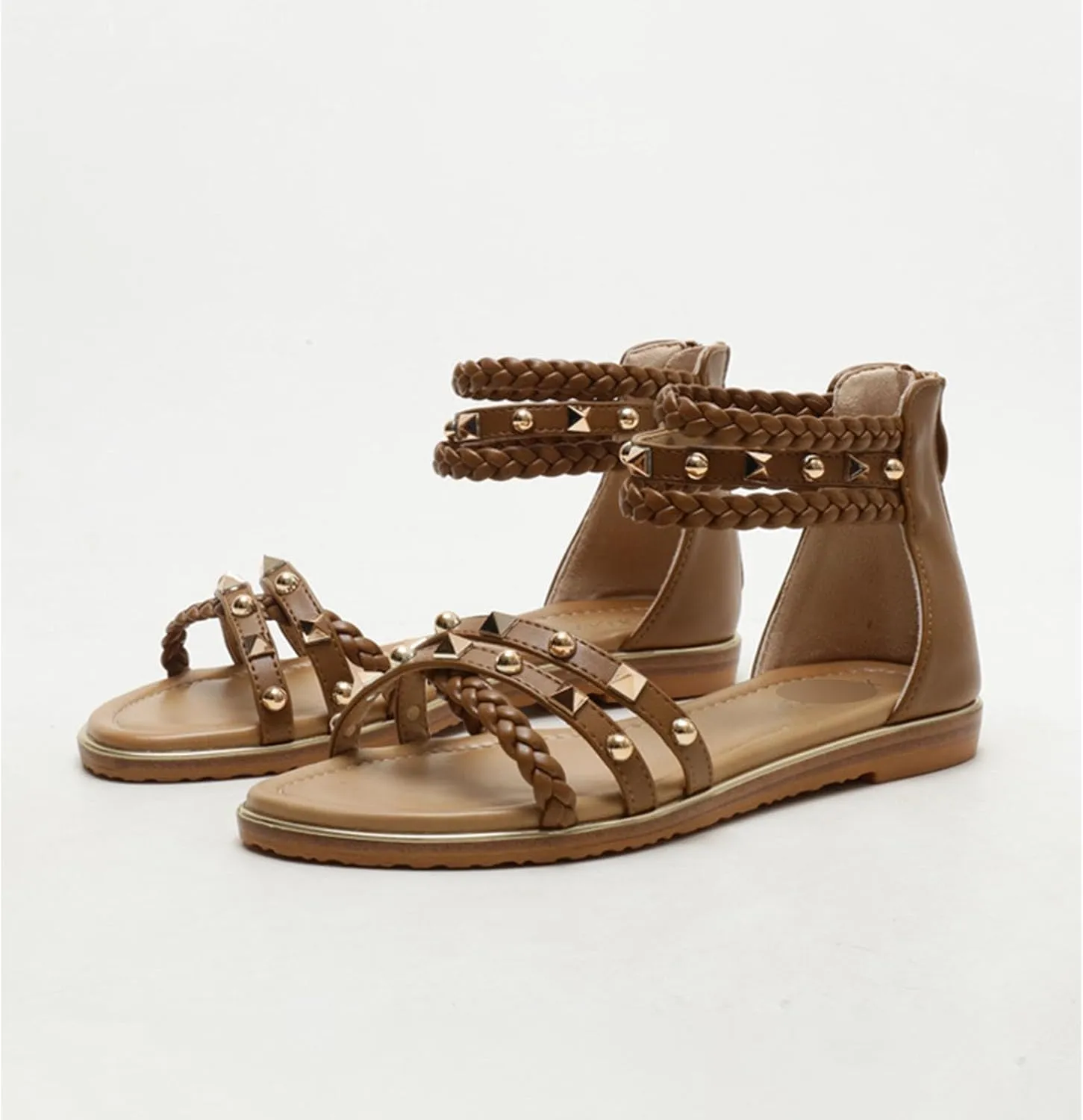 Women’s Studded Gladiator Sandals with Back Zipper Closure Braided Ankle Flat Strappy Sandals for Summer Beach