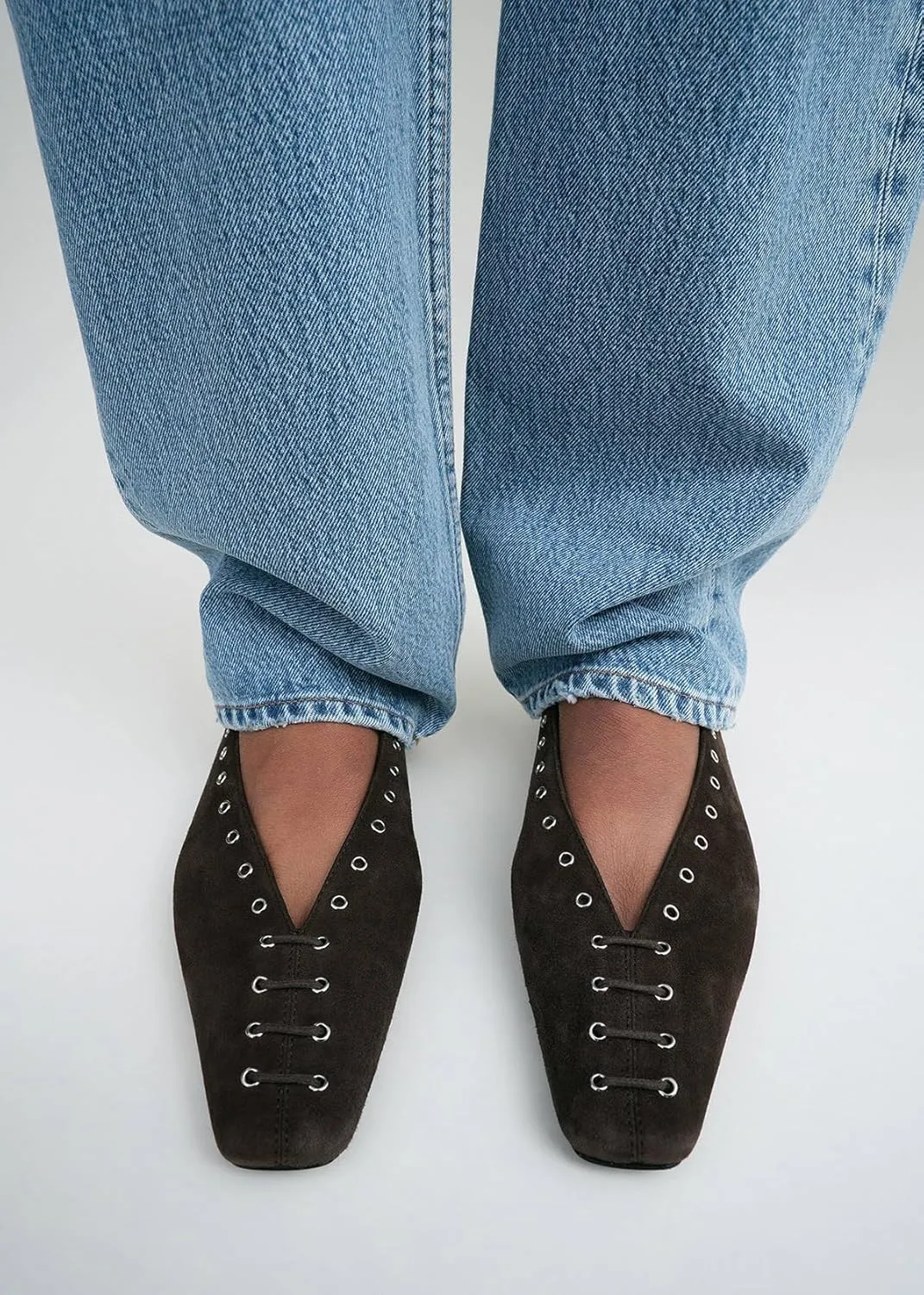 Women's Suede Ballet Flats Square Closed Toe Lace Up Loafers with Metal Buckle Decoration Casual Comfort Flat Shoes