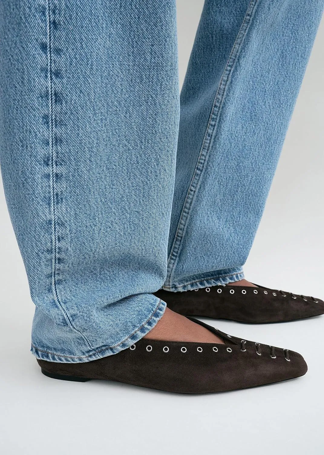 Women's Suede Ballet Flats Square Closed Toe Lace Up Loafers with Metal Buckle Decoration Casual Comfort Flat Shoes