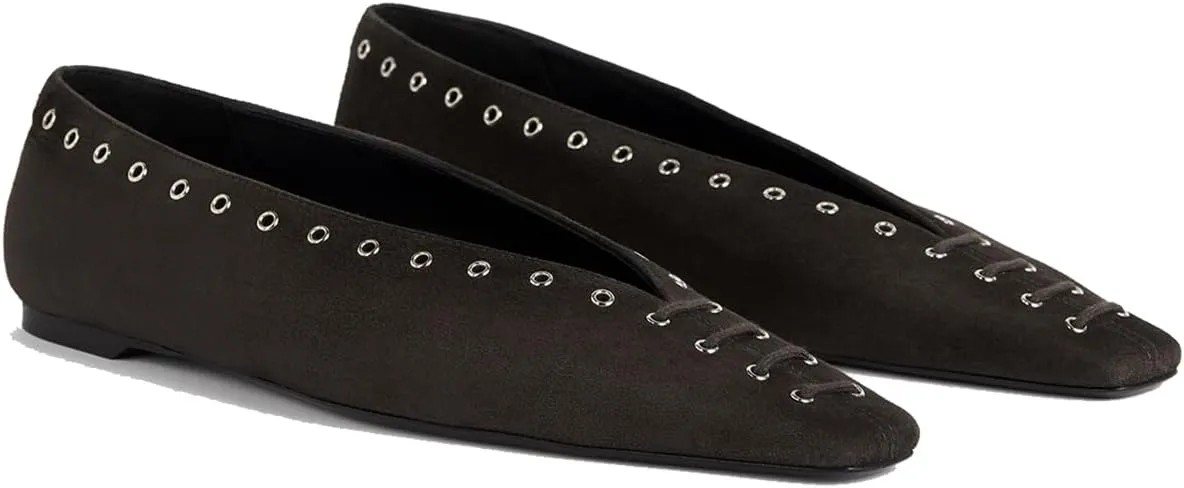 Women's Suede Ballet Flats Square Closed Toe Lace Up Loafers with Metal Buckle Decoration Casual Comfort Flat Shoes
