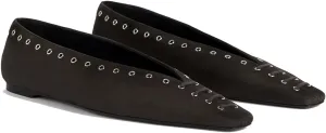 Women's Suede Ballet Flats Square Closed Toe Lace Up Loafers with Metal Buckle Decoration Casual Comfort Flat Shoes