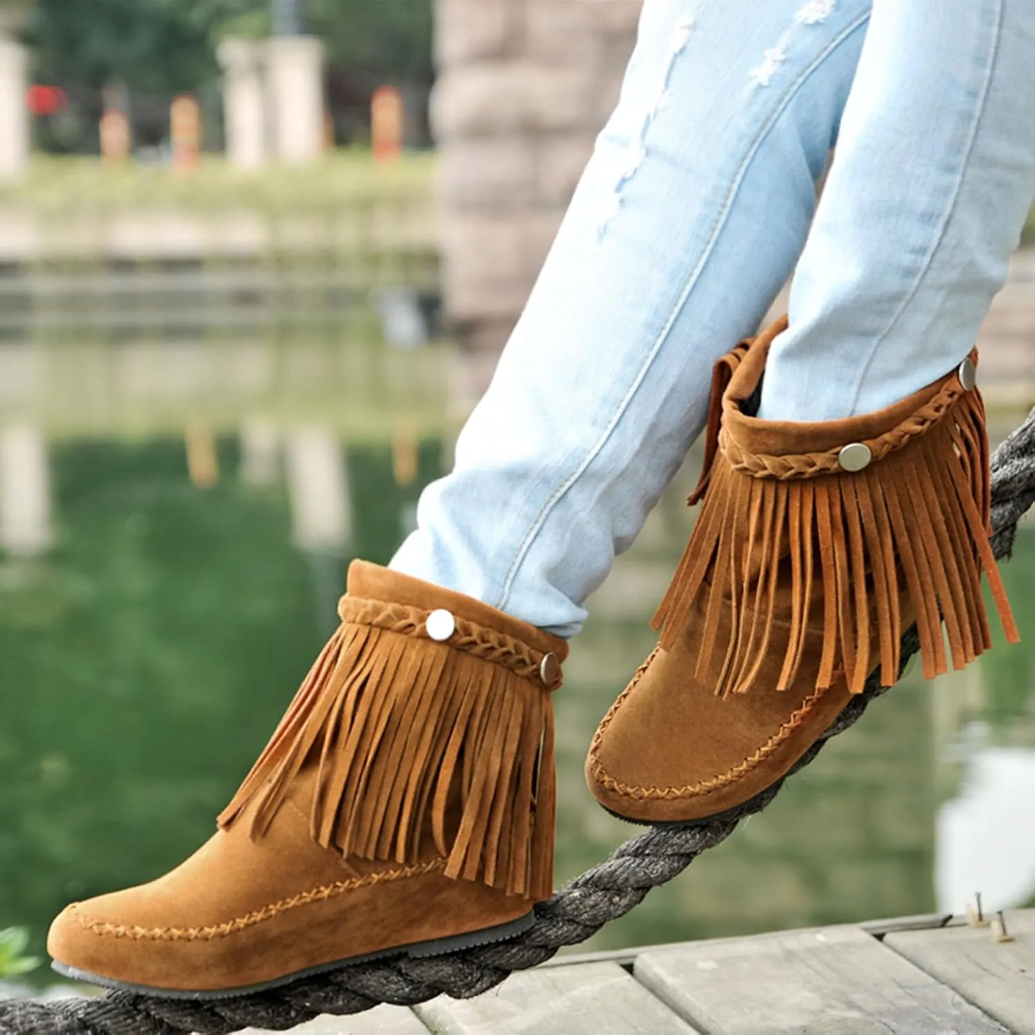 Women's Suede Tassel Cowboys Ankle Boots,Classic Vintage Round Toe Slip On Hidden Wedge Heel Low Heel Western Short Boots Dress Booties