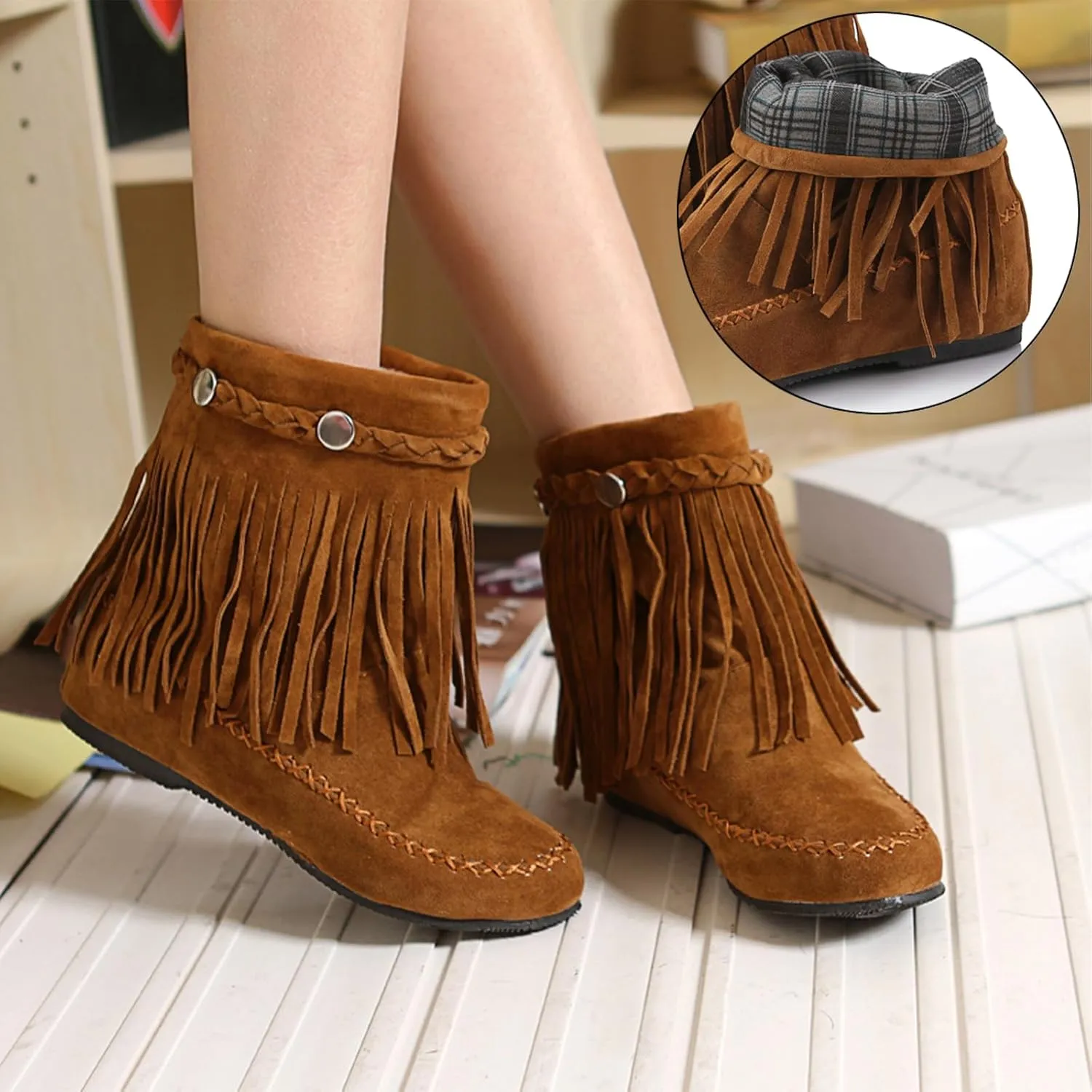 Women's Suede Tassel Cowboys Ankle Boots,Classic Vintage Round Toe Slip On Hidden Wedge Heel Low Heel Western Short Boots Dress Booties