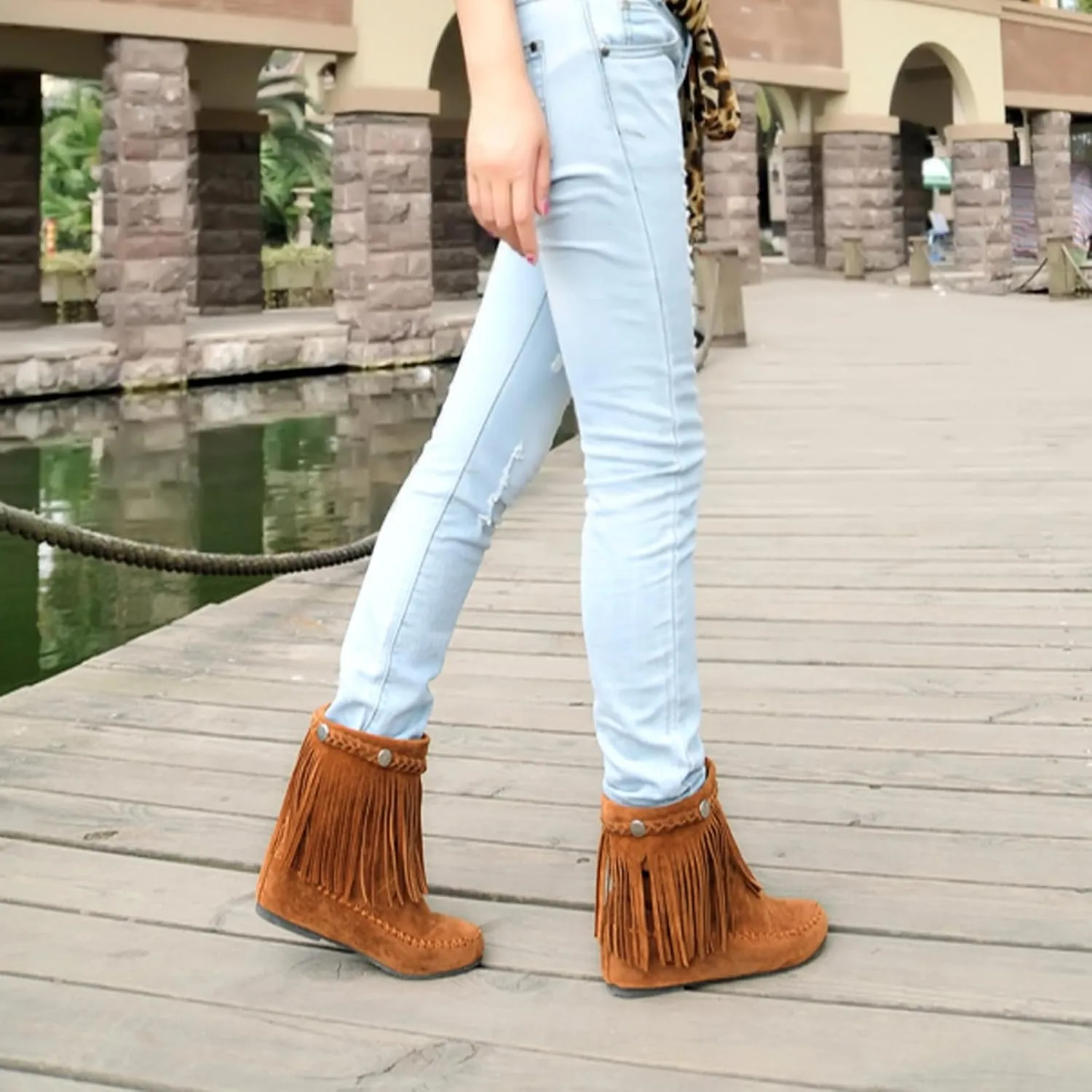 Women's Suede Tassel Cowboys Ankle Boots,Classic Vintage Round Toe Slip On Hidden Wedge Heel Low Heel Western Short Boots Dress Booties