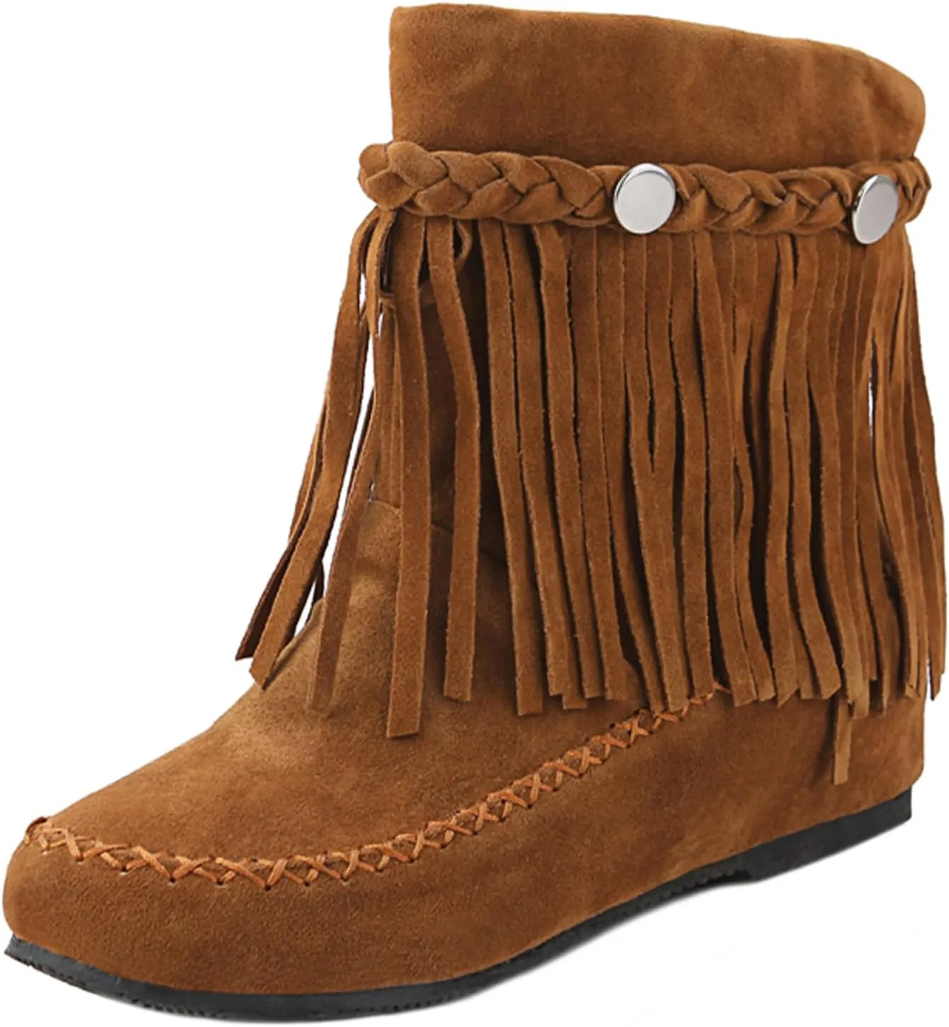 Women's Suede Tassel Cowboys Ankle Boots,Classic Vintage Round Toe Slip On Hidden Wedge Heel Low Heel Western Short Boots Dress Booties