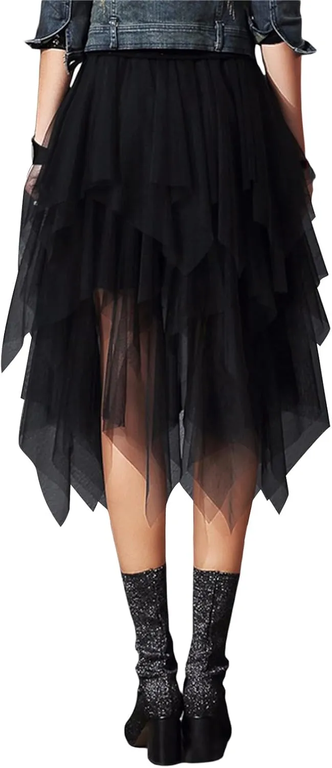 Women’s Tiered Tulle Midi Skirts Y2K Elastic High Waist Layered Mesh Fairy Skirts Cocktail Asymmetrical Tutu Skirt