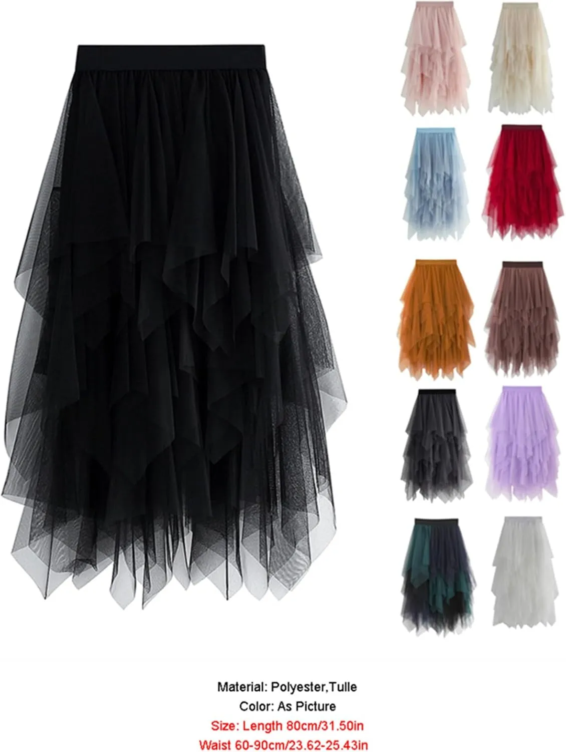 Women’s Tiered Tulle Midi Skirts Y2K Elastic High Waist Layered Mesh Fairy Skirts Cocktail Asymmetrical Tutu Skirt